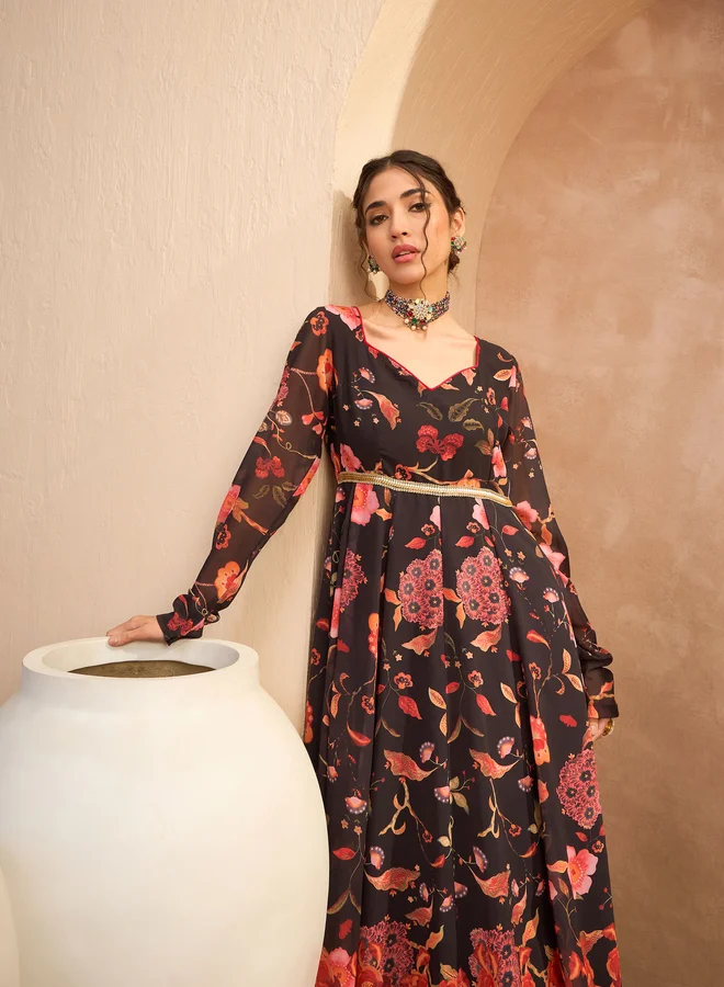 ساسافراس ساسافراس أسود مطبوع جورجيت أناركالي كورتا