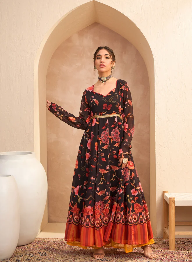 ساسافراس ساسافراس أسود مطبوع جورجيت أناركالي كورتا