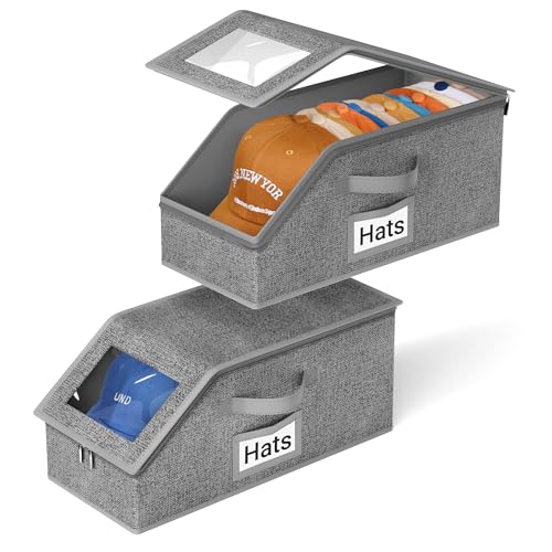 AOODA 2 PCS Stackable Hat Storage for Baseball Caps Holds up to 24 Caps Cap Organizer for Closet Sturdy Hat Boxes for Men with Cardboard Slate Grey