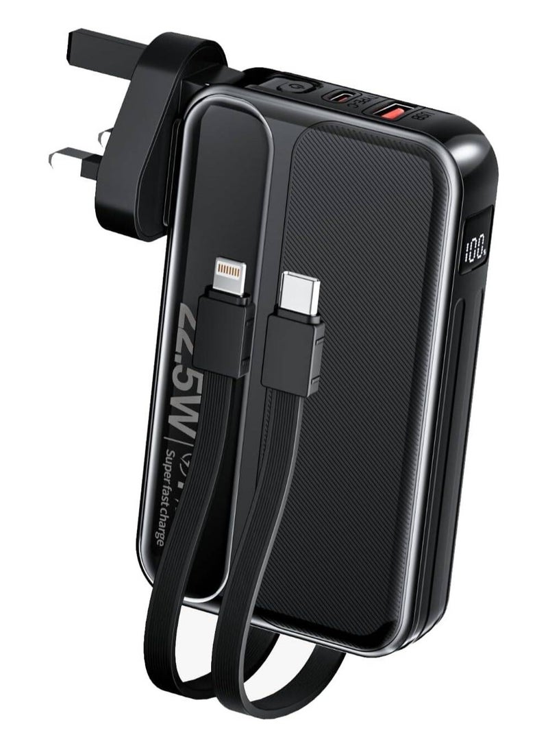 Green Lion Charge Mate Power Bank 10000mAh PD 22.5W, AC Power Input, Built-in Cables (Lightning & Type-C), Digital Display, US Plug, EU Plug, UK Plug, UK Plug For iPhone/iPad/Samsung/Huawei & more - Black - Image 1