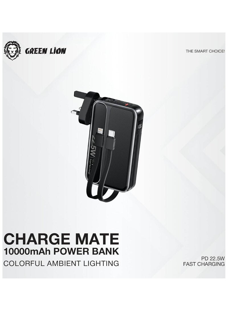 Green Lion Charge Mate Power Bank 10000mAh PD 22.5W, AC Power Input, Built-in Cables (Lightning & Type-C), Digital Display, US Plug, EU Plug, UK Plug, UK Plug For iPhone/iPad/Samsung/Huawei & more - Black - Image 2