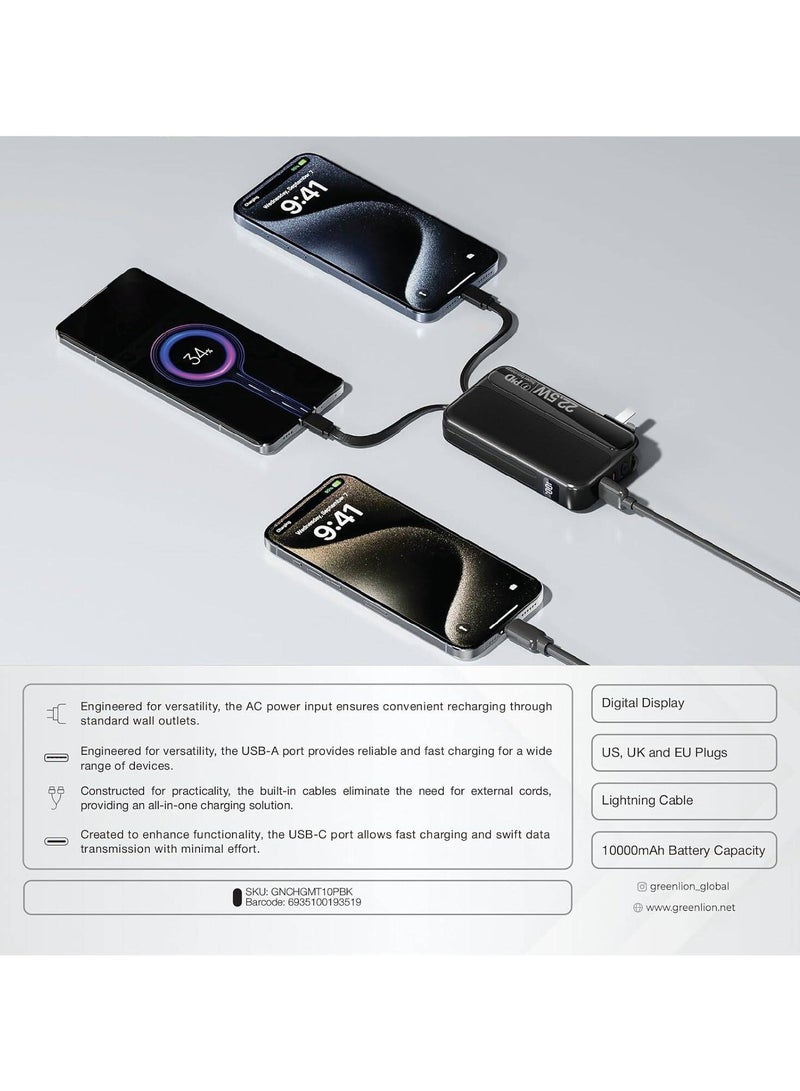 Green Lion Charge Mate Power Bank 10000mAh PD 22.5W, AC Power Input, Built-in Cables (Lightning & Type-C), Digital Display, US Plug, EU Plug, UK Plug, UK Plug For iPhone/iPad/Samsung/Huawei & more - Black - Image 3