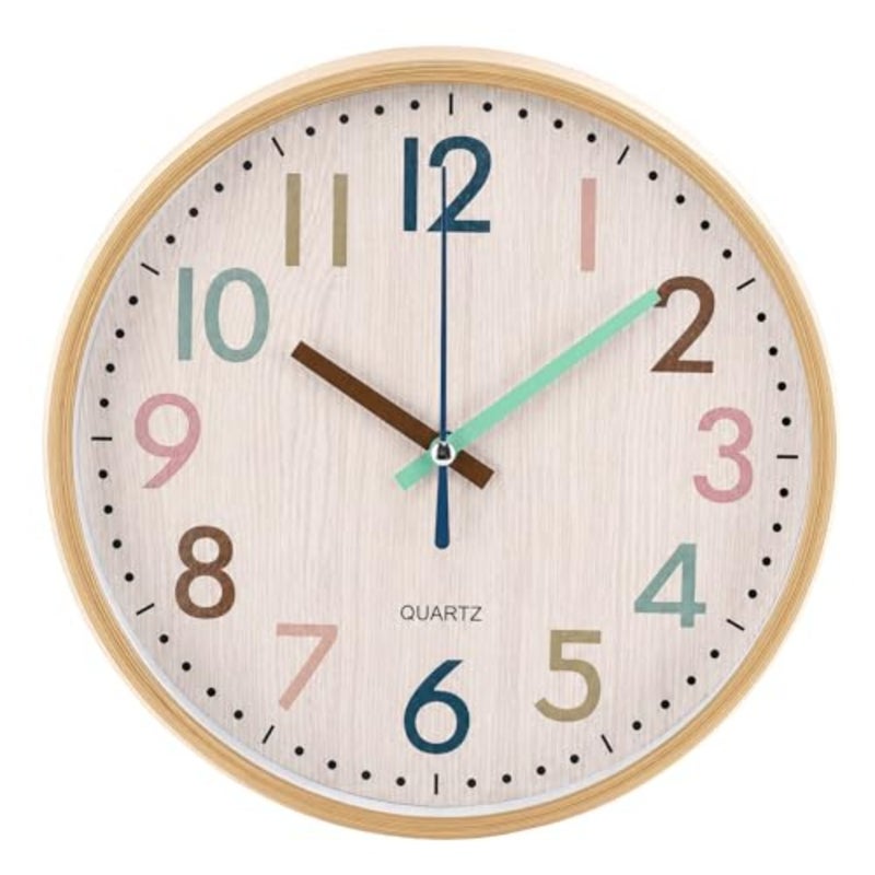 Boho Classroom Wall Clock Colorful Fun 8 Inch Silent Non-Ticking Battery Operated Clock for Back to School Office Bedroom Living Room Playroom Nursery Kitchen Brown Bamboo Grain - Image 1