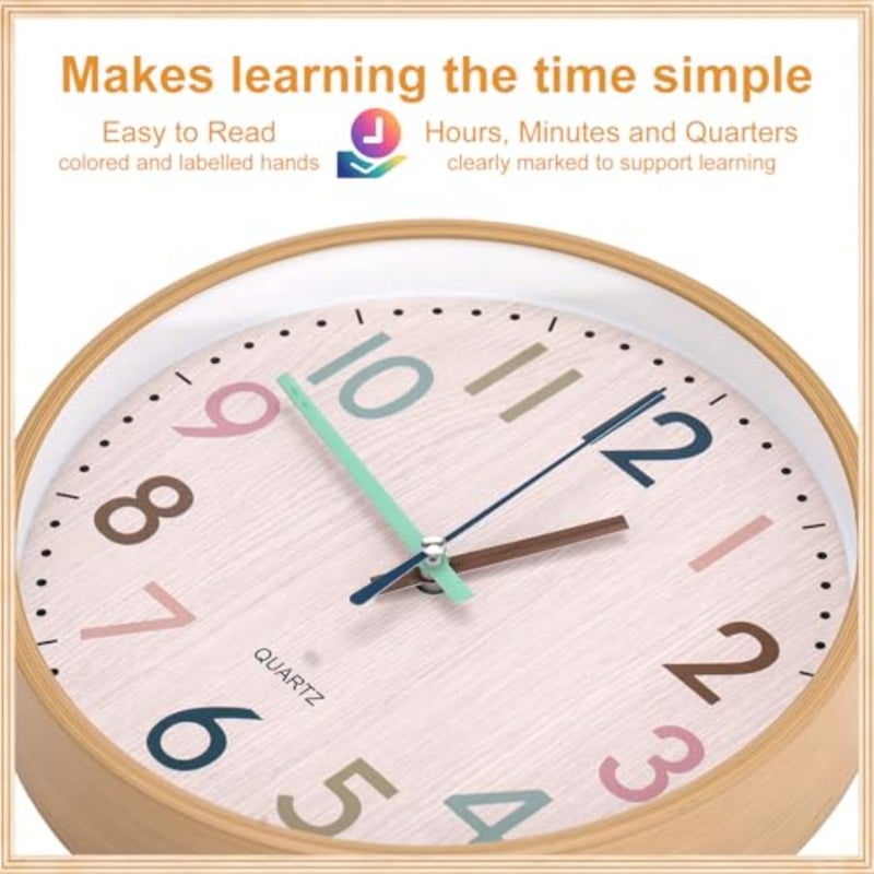 Boho Classroom Wall Clock Colorful Fun 8 Inch Silent Non-Ticking Battery Operated Clock for Back to School Office Bedroom Living Room Playroom Nursery Kitchen Brown Bamboo Grain - Image 2