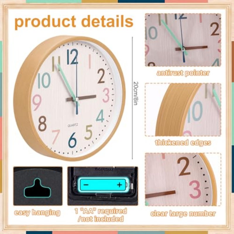 Boho Classroom Wall Clock Colorful Fun 8 Inch Silent Non-Ticking Battery Operated Clock for Back to School Office Bedroom Living Room Playroom Nursery Kitchen Brown Bamboo Grain - Image 3
