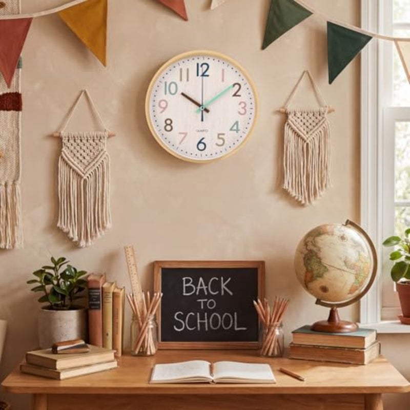 Boho Classroom Wall Clock Colorful Fun 8 Inch Silent Non-Ticking Battery Operated Clock for Back to School Office Bedroom Living Room Playroom Nursery Kitchen Brown Bamboo Grain - Image 4