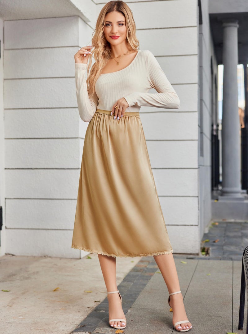 Avidlove Women's Satin Half Slip Lace Long Underskirt Champagne Large - Image 4