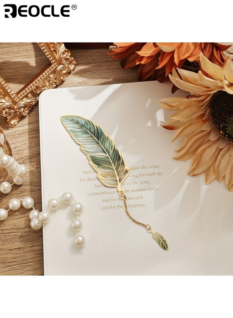 ريوكل علامة مرجعية ريشة عتيقة بتصميم برونزي معدني وسلسلة قلادة، إكسسوار كتاب أنيق بطابع أدبي، هدية للقراء والكتاب. - Image 1