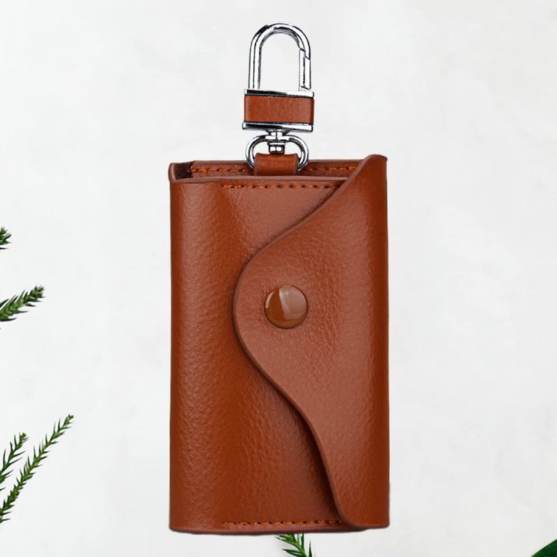 Brown Leather Car Key Pouch Durable Key Hanging Bag for Men Women Protects From Loss - Image 3