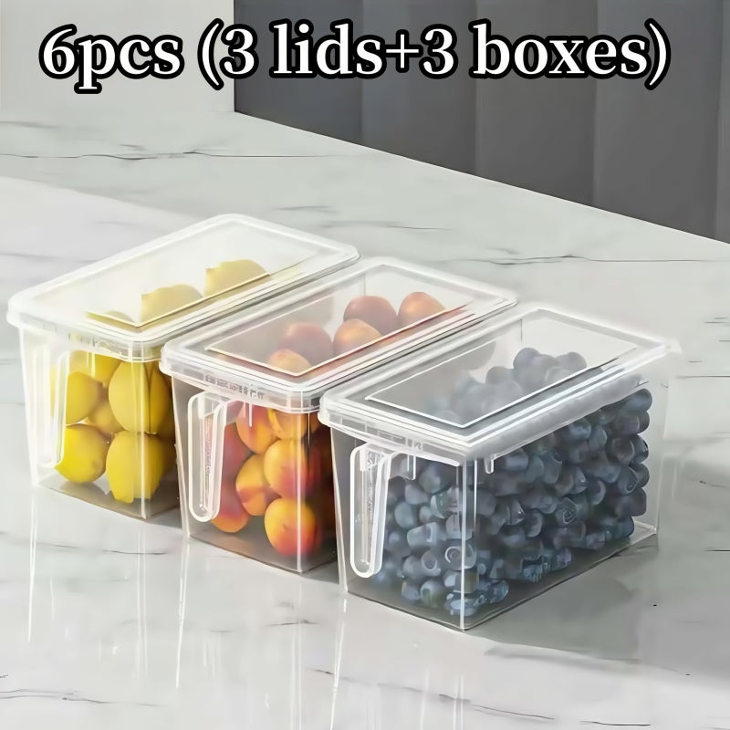 6pcs(3pcs Boxs + 3pcs Lids) Refrigerator Storage Containers with Handles - Durable Plastic Food Organizer Bins for Fruits, Vegetables, Grains, Meats & Drinks, Easy-To-Move Design for Efficient Kitchen & Fridge Organization, Refrigerator Storage - Image 1