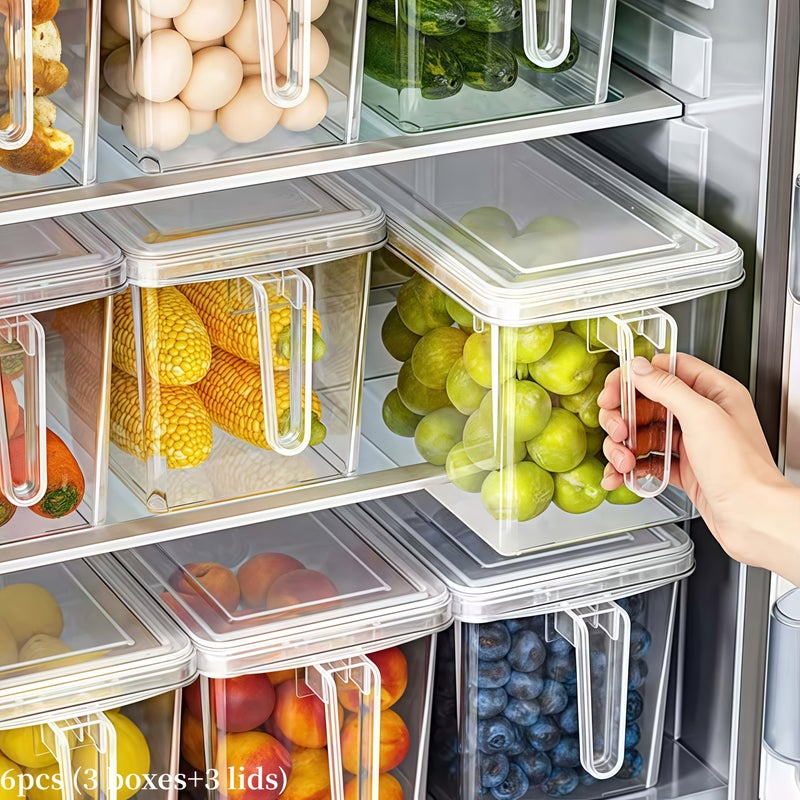 6pcs(3pcs Boxs + 3pcs Lids) Refrigerator Storage Containers with Handles - Durable Plastic Food Organizer Bins for Fruits, Vegetables, Grains, Meats & Drinks, Easy-To-Move Design for Efficient Kitchen & Fridge Organization, Refrigerator Storage - Image 2