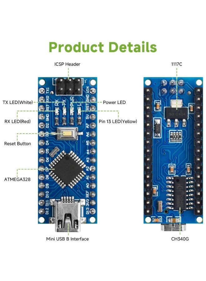 شابية لوحة Nano V3.0، مزودة بمتحكم دقيق ATmega 328P وشريحة CH340 (جهد 5 فولت، تردد 16 ميجاهرتز)، متوافقة مع بيئة التطوير Arduino IDE، وتتضمن منفذ Mini USB B (اللون: أزرق) وكابل USB. - Image 4