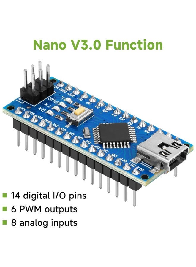 شابية لوحة Nano V3.0، مزودة بمتحكم دقيق ATmega 328P وشريحة CH340 (جهد 5 فولت، تردد 16 ميجاهرتز)، متوافقة مع بيئة التطوير Arduino IDE، وتتضمن منفذ Mini USB B (اللون: أزرق) وكابل USB. - Image 3
