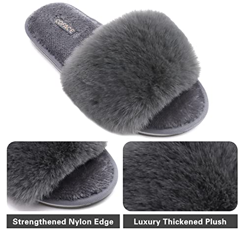 COFACE Womens Fuzzy House Slippers Open Toe Women House Shoes Size 9 Faux Fur Fluff Sliders Ladies Slip On Slippers-for-Women Indoor - Image 4