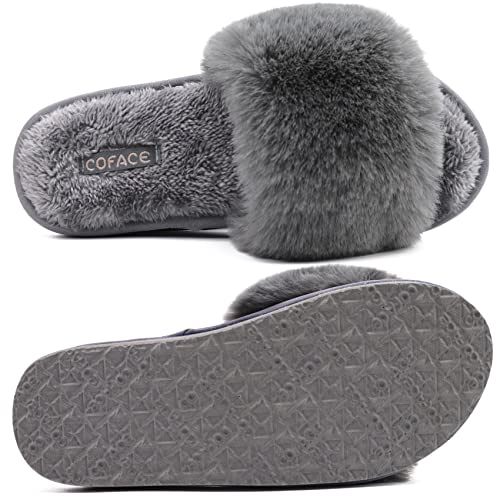 COFACE Womens Fuzzy House Slippers Open Toe Women House Shoes Size 9 Faux Fur Fluff Sliders Ladies Slip On Slippers-for-Women Indoor - Image 5