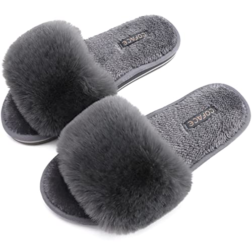 COFACE Womens Fuzzy House Slippers Open Toe Women House Shoes Size 9 Faux Fur Fluff Sliders Ladies Slip On Slippers-for-Women Indoor - Image 2