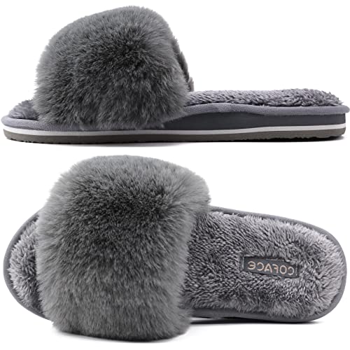 COFACE Womens Fuzzy House Slippers Open Toe Women House Shoes Size 9 Faux Fur Fluff Sliders Ladies Slip On Slippers-for-Women Indoor - Image 1