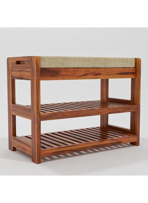 OGNIJA - OGNIJA Wooden Shoe Rack for Home Sheesham Wood Entryway Seating Bench with Cushion Storage Shelf for Shoe Organiser Teak Finish - Image 1