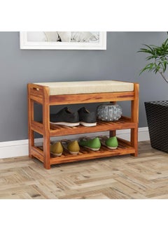 OGNIJA OGNIJA Wooden Shoe Rack for Home Sheesham Wood Entryway Seating Bench with Cushion Storage Shelf for Shoe Organiser Teak Finish  - Image 1