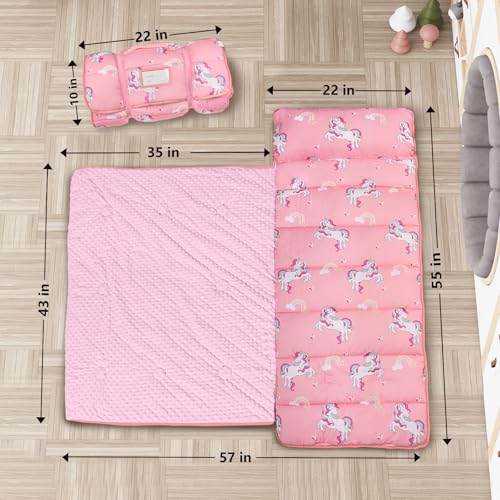 Primlect Thickened Toddler Nap Mat with Removable Pillow and Minky Blanket, Extra Large 55''x35'' Sleeping Bag, Washable, Roll up, Perfect for Daycare, Preschool, Kindergarten, Boys and Girls Pink - Image 2