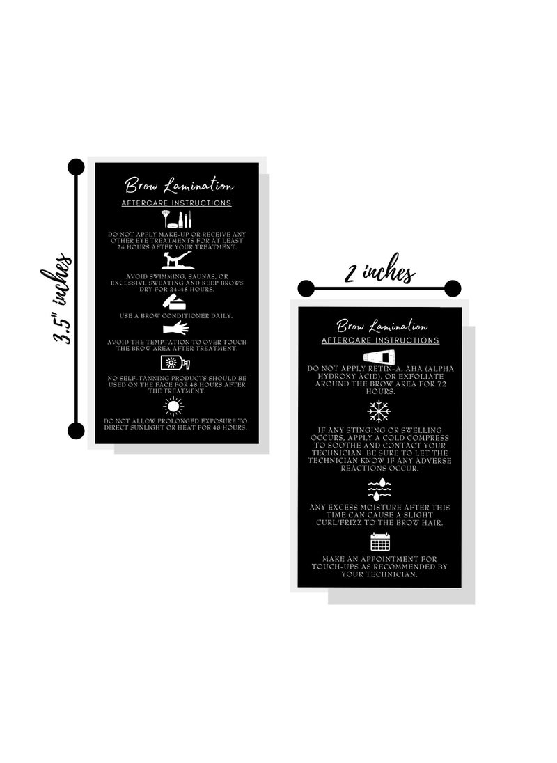 Boutique Marketing LLC Brow Lamination Aftercare Instruction Cards | 50 Pack | 2x3.5” inches Business Card Size | Starter Lift Kit At Home DIY Brow Lift and Tint | Snatched Brows Black with White Icons Design  - Image 3