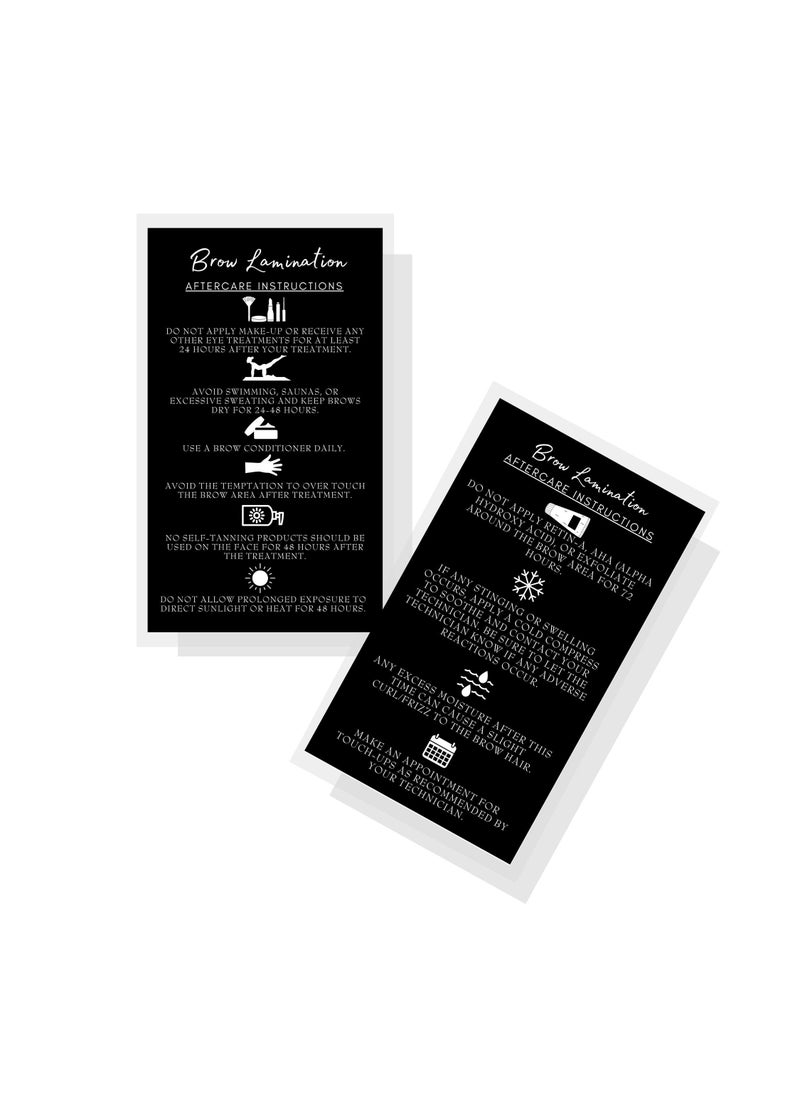 Boutique Marketing LLC Brow Lamination Aftercare Instruction Cards | 50 Pack | 2x3.5” inches Business Card Size | Starter Lift Kit At Home DIY Brow Lift and Tint | Snatched Brows Black with White Icons Design  - Image 1