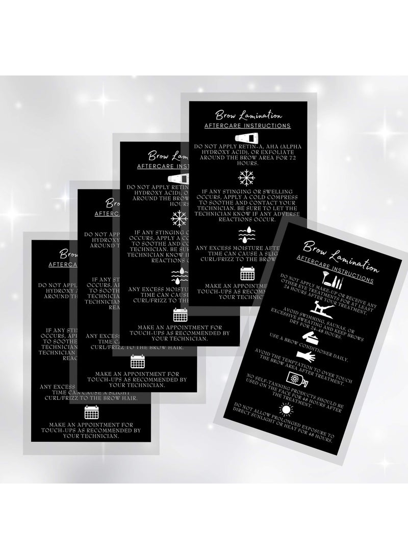 Boutique Marketing LLC Brow Lamination Aftercare Instruction Cards | 50 Pack | 2x3.5” inches Business Card Size | Starter Lift Kit At Home DIY Brow Lift and Tint | Snatched Brows Black with White Icons Design  - Image 5