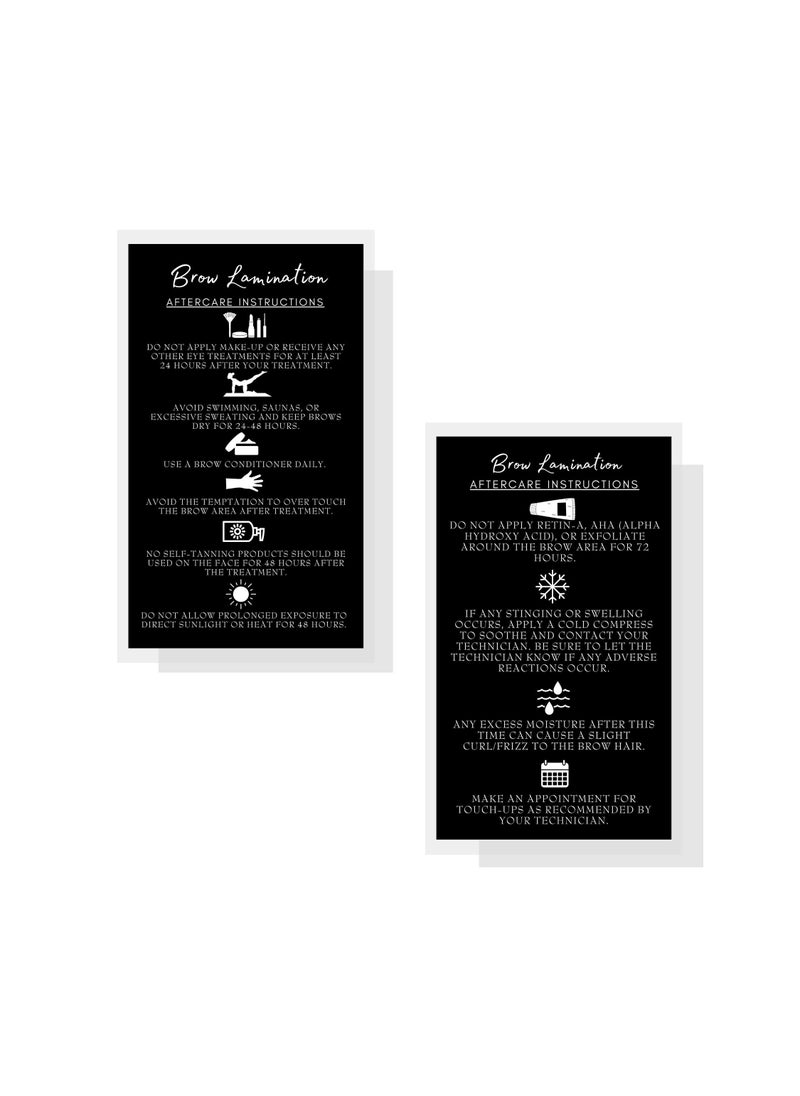 Boutique Marketing LLC Brow Lamination Aftercare Instruction Cards | 50 Pack | 2x3.5” inches Business Card Size | Starter Lift Kit At Home DIY Brow Lift and Tint | Snatched Brows Black with White Icons Design  - Image 2