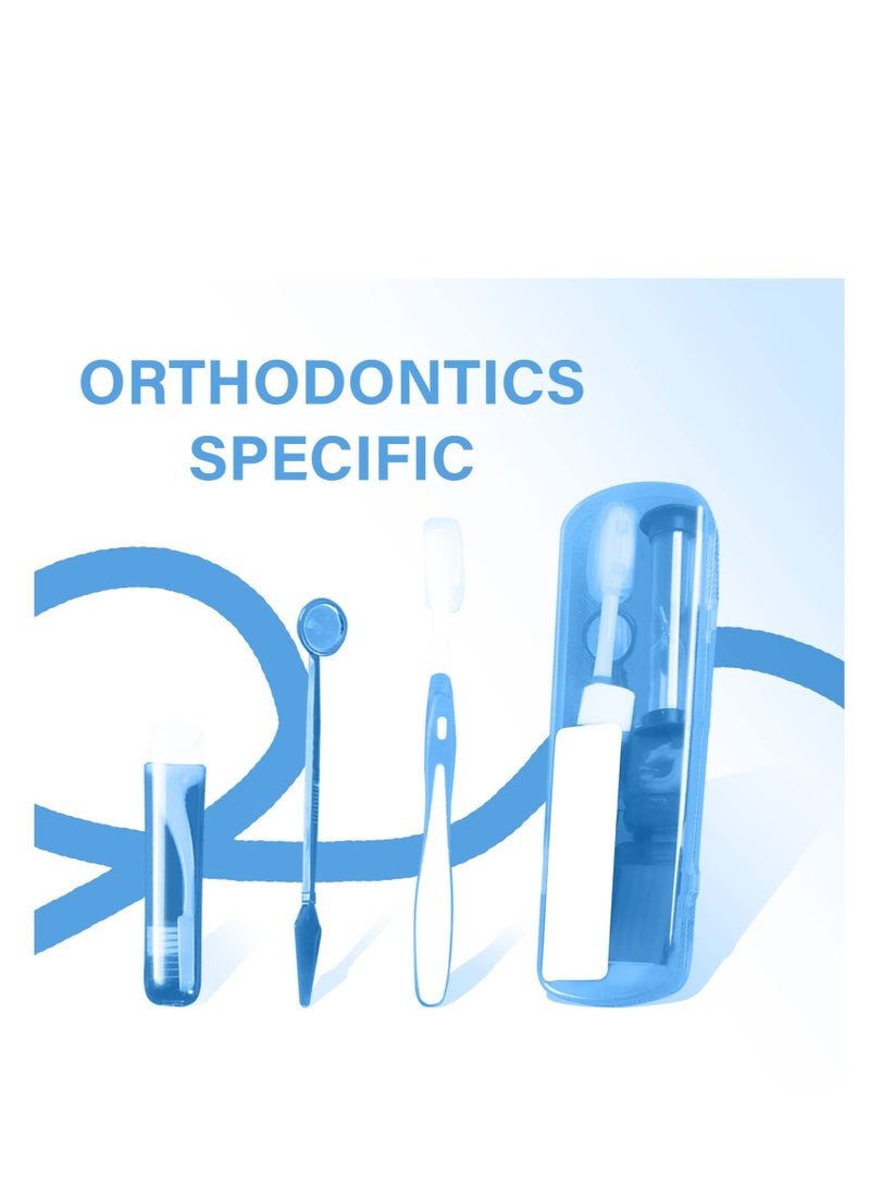 طقم تنظيف تقويم الأسنان، 8 قطع طقم العناية بالفم المحمول لتقويم الأسنان، فرشاة بين الأسنان، شمع الأسنان، خيط الأسنان، علبة فرشاة الأسنان، طقم العناية بالفم للسفر (أزرق) - Image 2