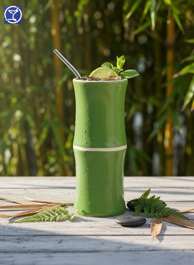 BarPros Ceramic Green Bamboo Tiki Mug 320ml, Tall Hawaiian Style Cup, Handcrafted Drinkware - Image 2