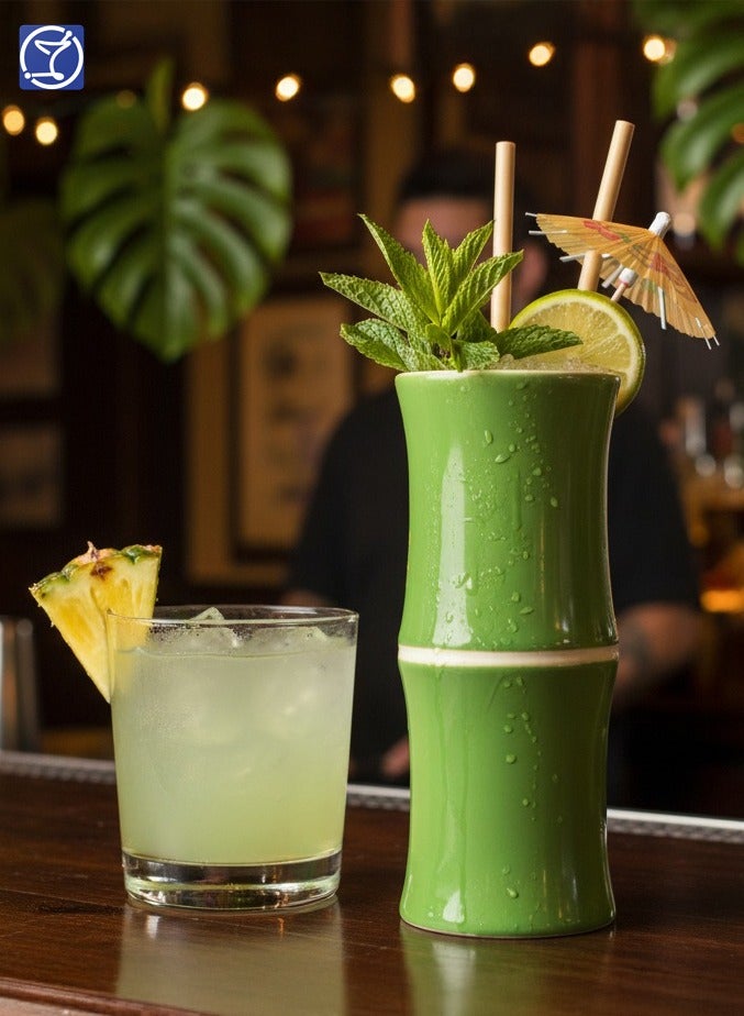 BarPros Ceramic Green Bamboo Tiki Mug 320ml, Tall Hawaiian Style Cup, Handcrafted Drinkware - Image 3