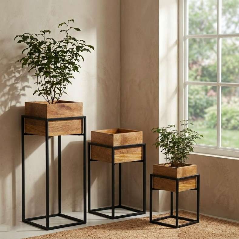 Pan Home Koa Wooden Planter With Metal Stand 38x38x78cm -Natural - 221ARX9900022 - Image 3