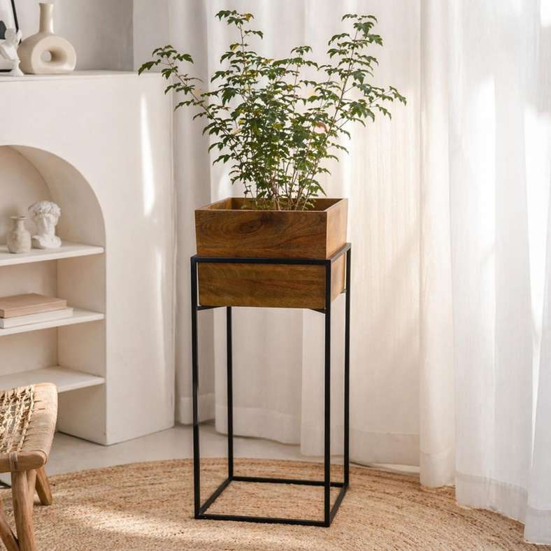 Pan Home Koa Wooden Planter With Metal Stand 38x38x78cm -Natural - 221ARX9900022 - Image 1