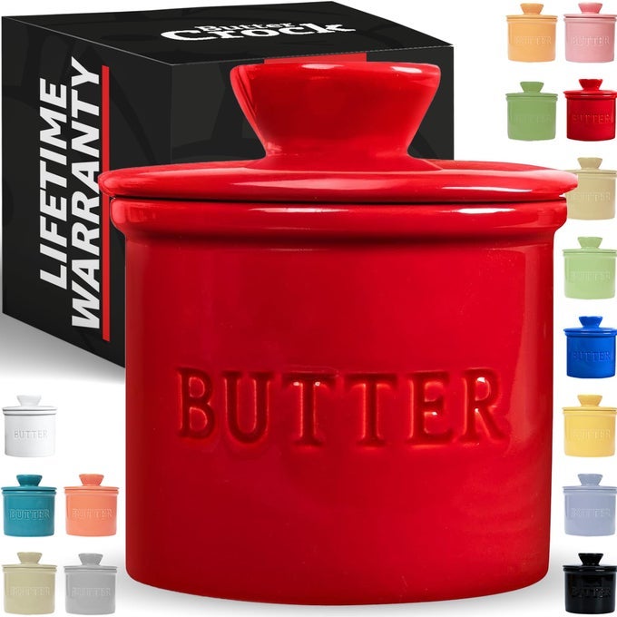 PRIORITYCHEF FRENCH BUTTER CROCK WITH LID GET ON DEMAND SPREADABLE BUTTER CERAMIC BUTTER KEEPER TO LEAVE ON COUNTER WITH WATER LINE RED