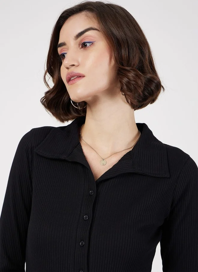 SASSAFRAS Black Ribbed Shirt Collar Fitted Top