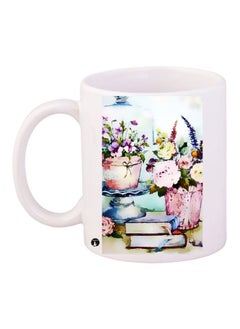 Flower Pot Printed Coffee Mug White/Pink/Blue 11ounce
