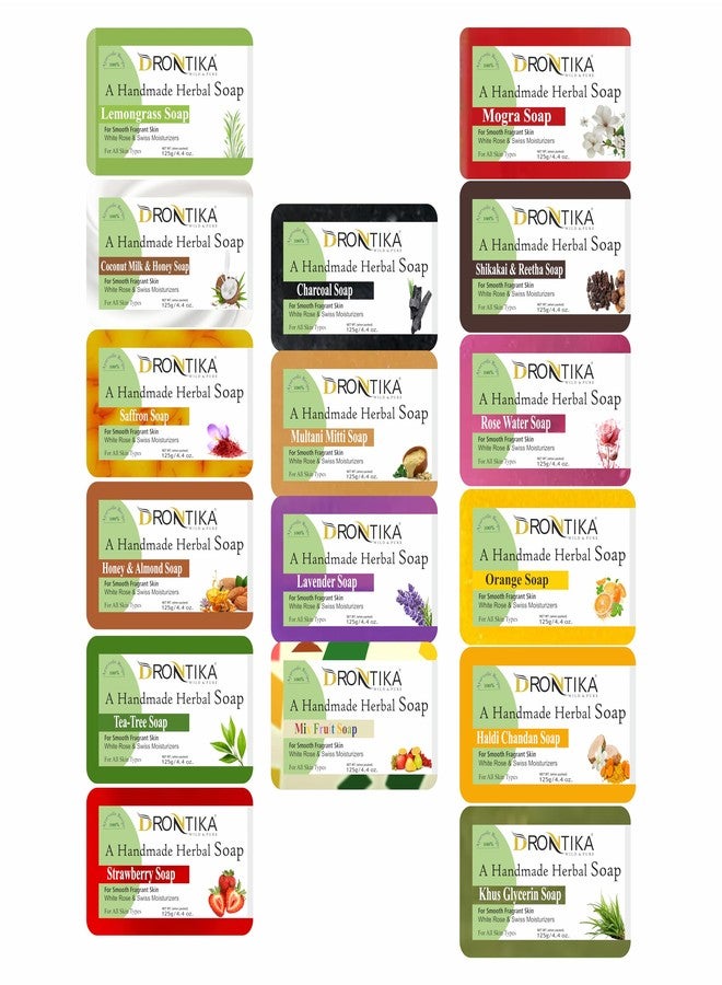 DRONTIKA Assorted Handmade Herbal Soaps By Drontika | Natural Ayurvedic handmade bathing soap Combo Set For Glowing Skin | Suitable for all skin types| 125 Gm each (Pack Of 16) - Image 1