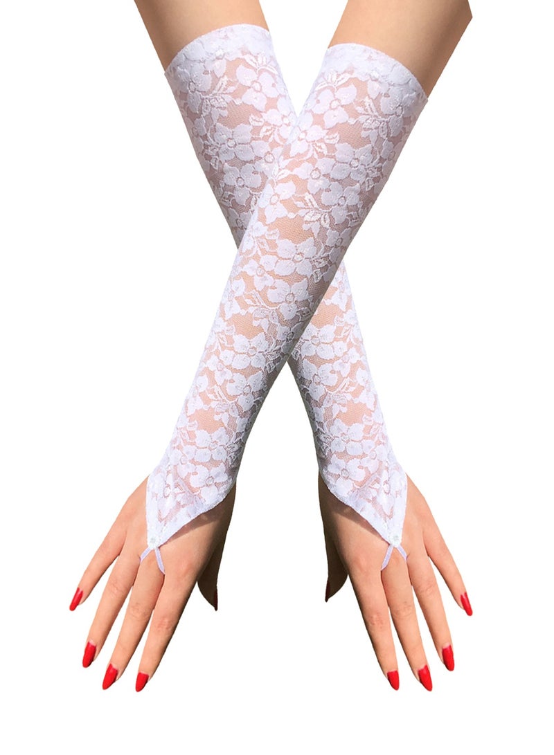 Women Fingerless Lace Gloves , Elbow Length Long Gloves, Prom Cosplay Evening Wedding Dinner Bridal Dance Gloves（White）  - Image 1