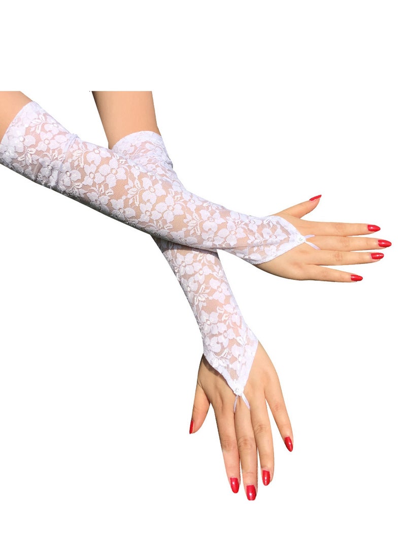 Women Fingerless Lace Gloves , Elbow Length Long Gloves, Prom Cosplay Evening Wedding Dinner Bridal Dance Gloves（White）  - Image 2