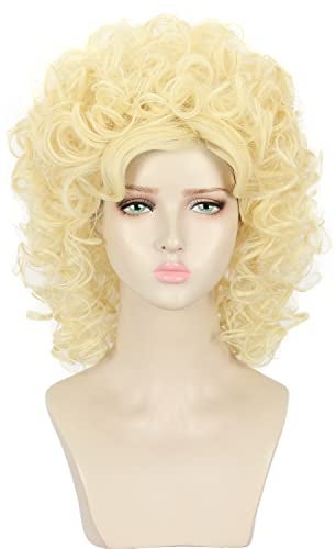 yuehong Long Curly Blonde Women 70s 80s Wig Singer Cosplay Costume Hair Heat Resistant Synthetic Fibers Fluffy Durable Breathable Wig