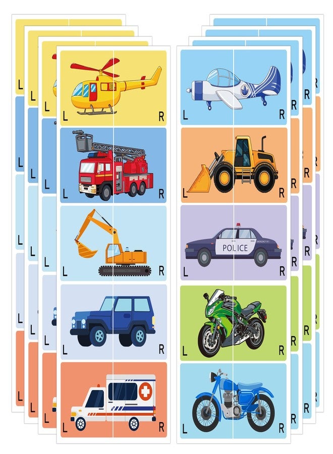 SMARSTICKER 80Pcs Kids Cute Right Left Car Stickers 3 x 1.5 Inch - Cartoon Plane Forklift Sole Sticker Children Boys Girls Shoes Stickers for Early Learning - Image 1