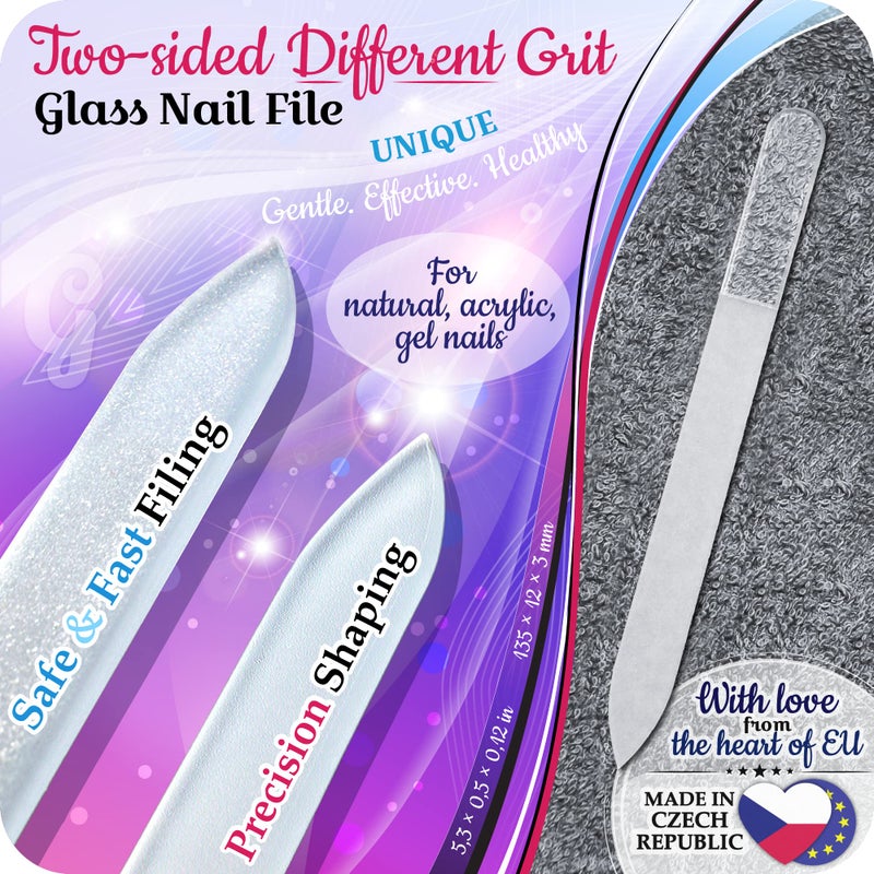 GLADZY 3D Czech Glass Nail File - Etched Crystal Nail File for Natural Nails, Double Sided Different Grit Surface, Professional Nail Care Tool with Case, Manicure Nail Shaper, Ethically Made in EU - Image 3