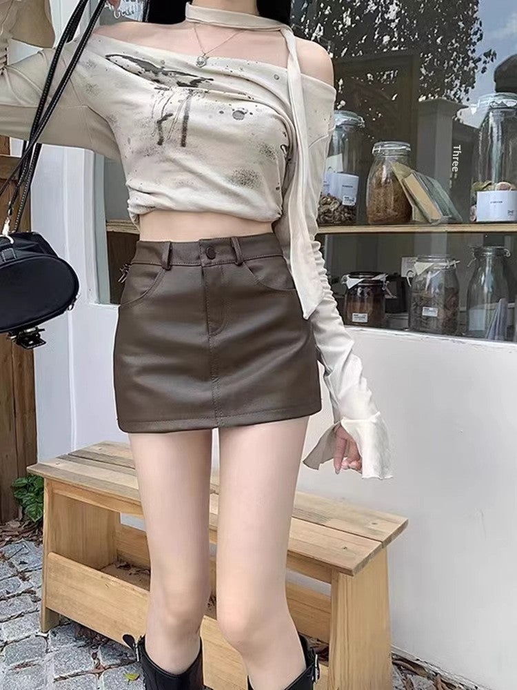 Sweet Cool Spice Girls Puleather Half Skirt Womens Spring 150 Small Short High Waist Hip A- line Miniskirt Xs High brown (lined) - Image 4