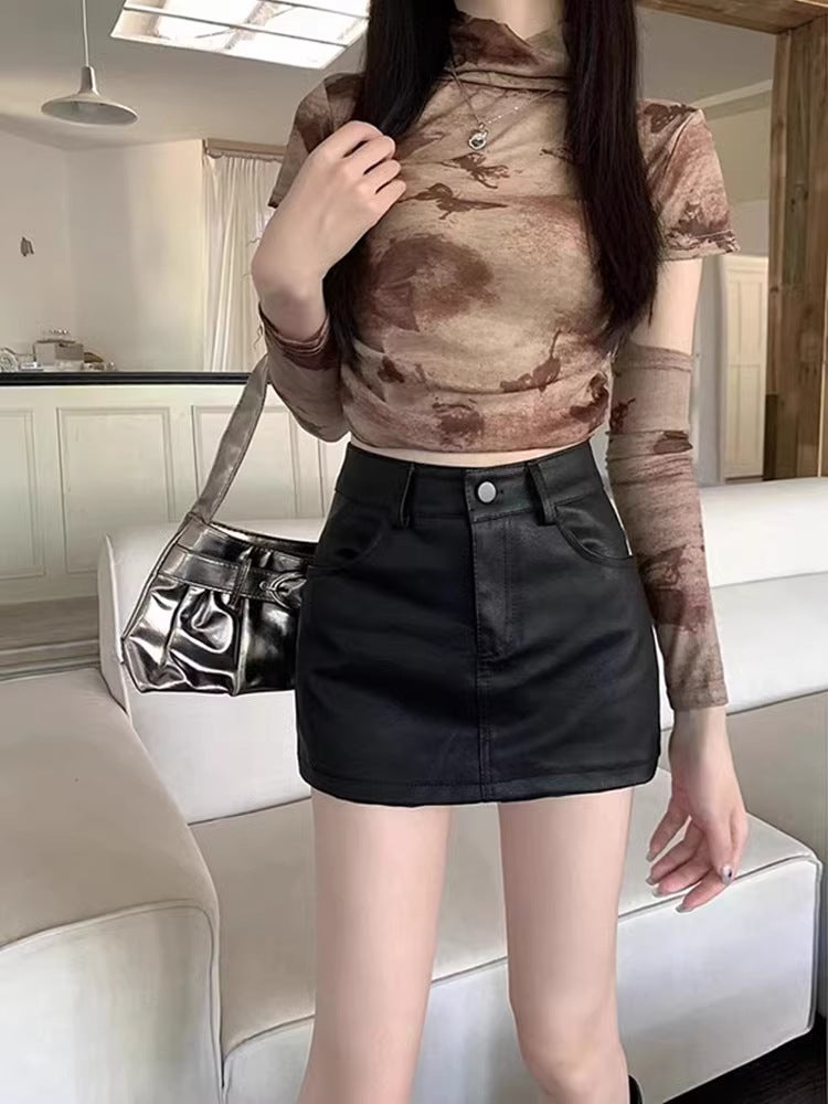Sweet Cool Spice Girls Puleather Half Skirt Womens Spring 150 Small Short High Waist Hip A- line Miniskirt Xs High brown (lined) - Image 5