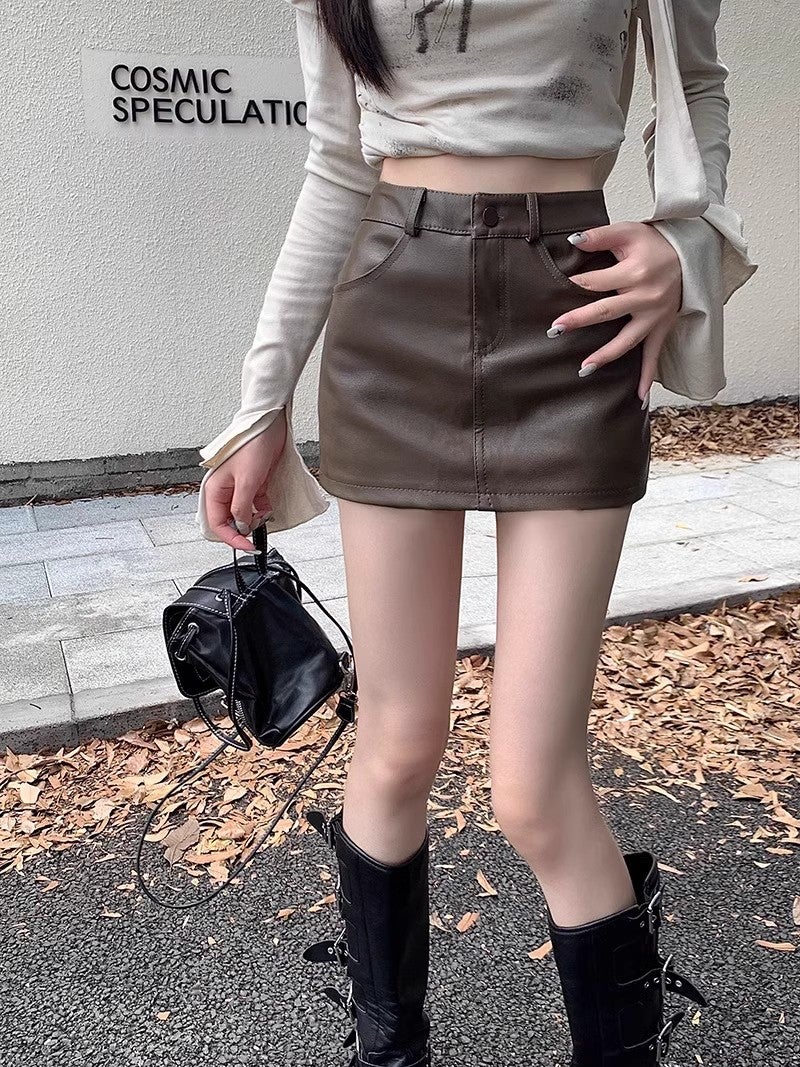 Sweet Cool Spice Girls Puleather Half Skirt Womens Spring 150 Small Short High Waist Hip A- line Miniskirt Xs High brown (lined) - Image 1