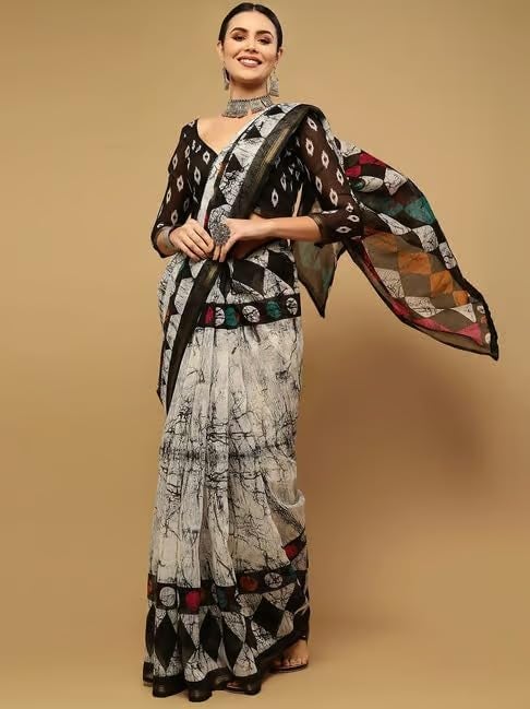 Shiv Textiles Women's Polly Cotton Geometric Print Saree(SAT-585-WHITE-BLACK) - Image 2