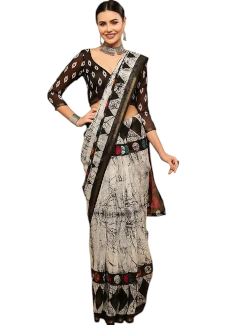 Shiv Textiles Women's Polly Cotton Geometric Print Saree(SAT-585-WHITE-BLACK) - Image 1