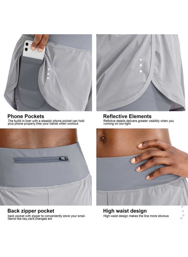 Shorts, Running Shorts, Women’s 2 in 1 Stretchy Breathable Shorts, Womens Athletic Shorts, Workout Athletic Gym Yoga Shorts for Women with Phone Pockets (L) - Image 4