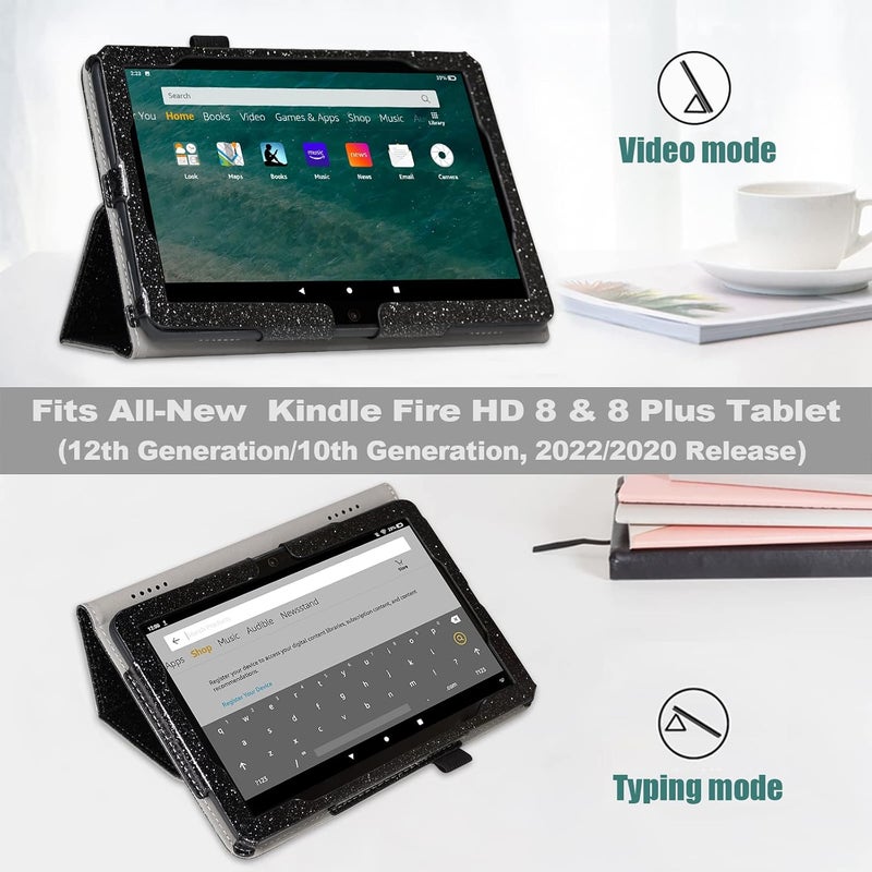 ايسدريم غلاف للوحة Fire HD 8 & 8 Plus الجديدة تمامًا (الجيل الثاني عشر/الجيل العاشر، إصدار 2022/2020)، غلاف فوليو من الجلد، حامل قابل للطي، تشغيل/إيقاف تلقائي، حزام يد، فتحات بطاقات، أسود لامع - Image 3