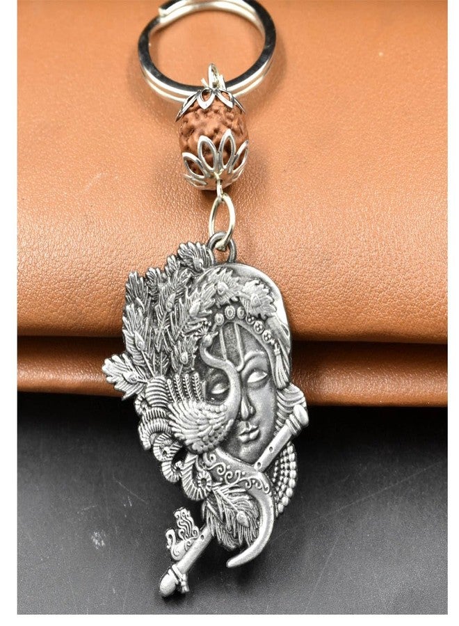 AFH Lord Krishna Flute and Peacock Grey Rudraksha keychain for Men and Women - Image 3